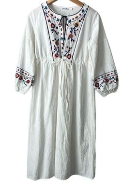 Shineflow Floral Embroidered Off White Peasant Dress with Tie Waist Size S